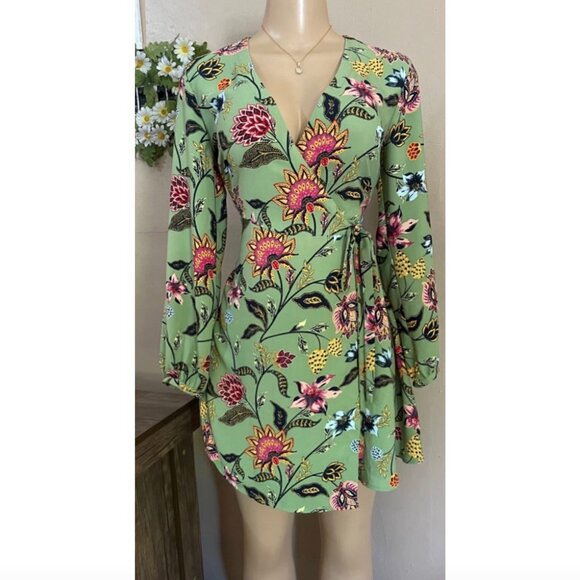 LOFT Green Floral Long Sleeve Genuine Wrap Dress - Picture 1 of 6